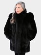 Woman's Natural Ranch Mink Fur Jacket with Black Fox Sleeves and Tuxedo Front
