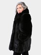 Woman's Natural Ranch Mink Fur Jacket with Black Fox Sleeves and Tuxedo Front