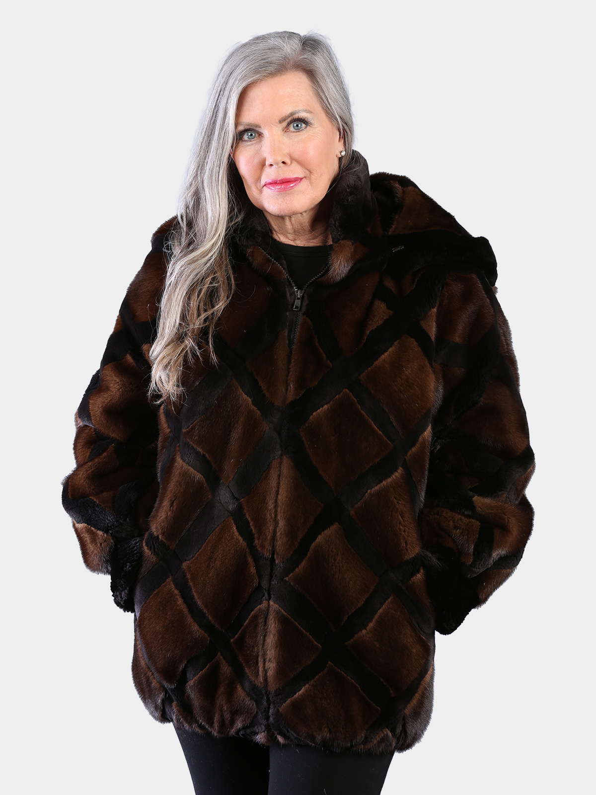 Woman's Natural Mahogany Mink Fur Jacket with Black Sheared Beaver Trim with Detachable Hood