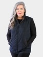 Woman's Tobacco Suede Quilted Leather Vest Reversible to Navy Rain Taffeta