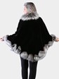 Woman's Dyed Black Sheared Mink Fur Cape with Silver Fox Trim