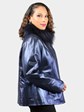 Woman's Dyed Pacific Blue Leather Jacket with Dyed Silver Fox Collar