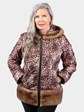 Woman's Leopard Print Fabric Jacket with Black Shearling Lamb Interior and Lunaraine Mink Fur Trim
