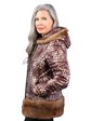 Woman's Leopard Print Fabric Jacket with Black Shearling Lamb Interior and Lunaraine Mink Fur Trim