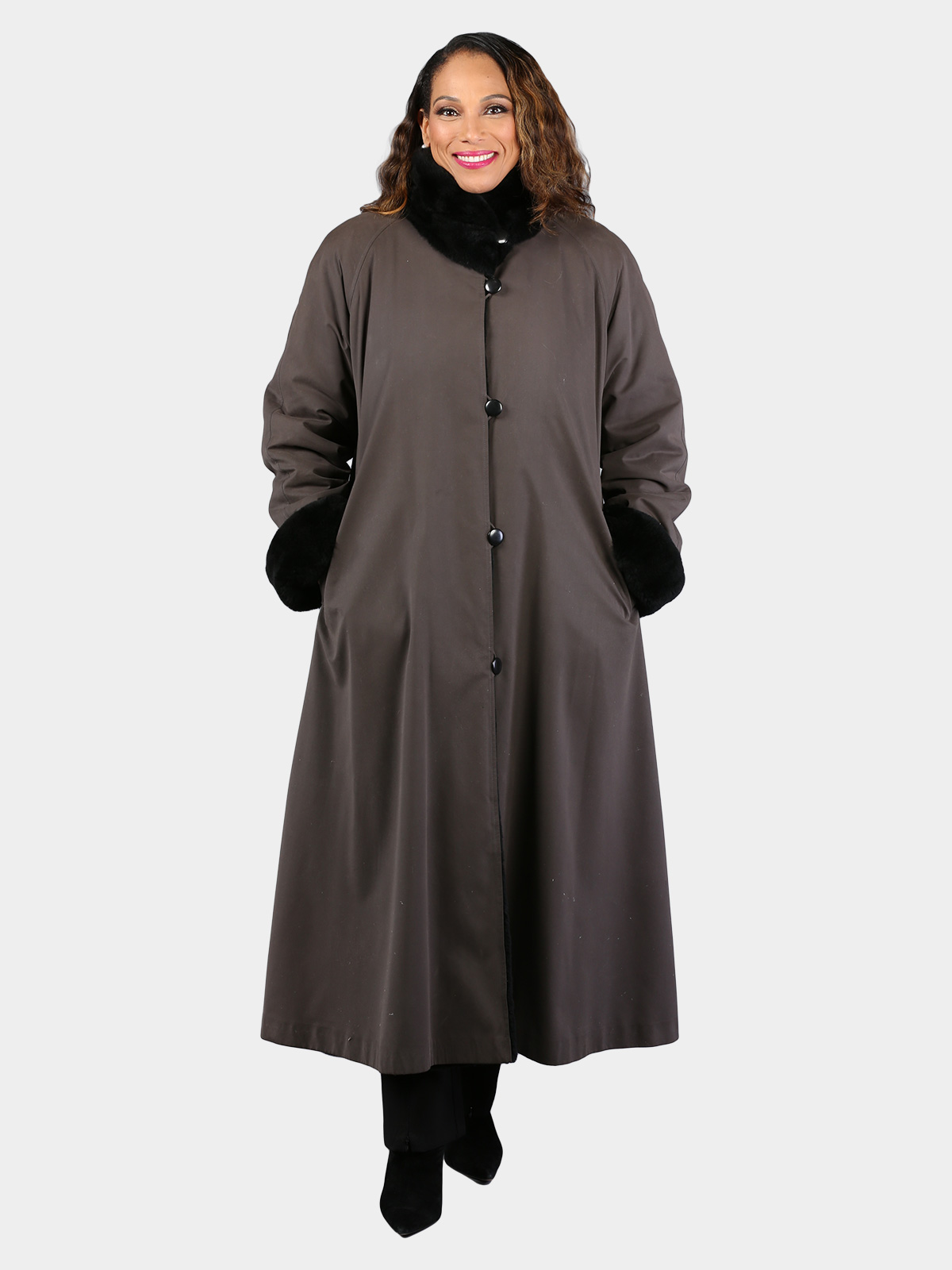 Woman's Grey Rain Fabric Coat with Sheared Black Nutria Fur Lining
