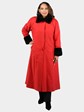 Woman's Red Rain Fabric Coat with Black Sheared Nutria Fur Trim and Button-out Lining
