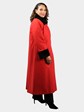 Woman's Red Rain Fabric Coat with Black Sheared Nutria Fur Trim and Button-out Lining