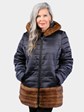 Woman's Navy Fabric Parka with Black Shearling Interior and Lunaraine Mink Trim