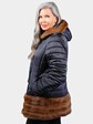 Woman's Navy Fabric Parka with Black Shearling Interior and Lunaraine Mink Trim
