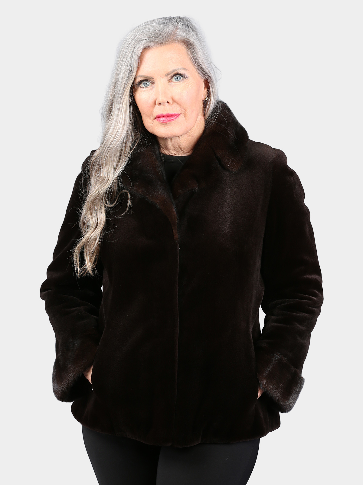 Woman's Petite Dyed Brown Sheared Mink Fur Jacket
