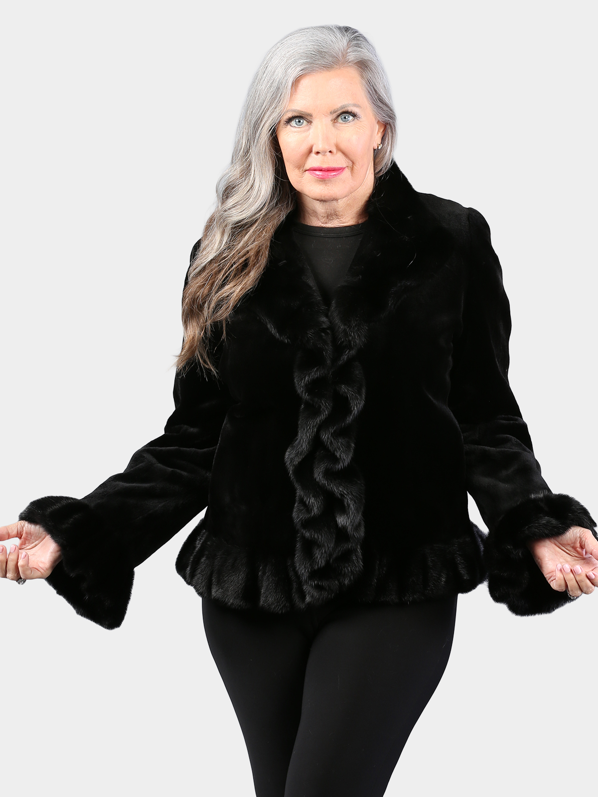 Woman's Dyed Black Sheared Mink Fur Jacket with Ruffles
