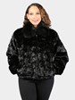 Woman's Dyed Black Sculptured Mink Fur Jacket with Fox Collar