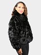 Woman's Dyed Black Sculptured Mink Fur Jacket with Fox Collar