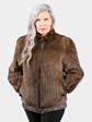 Woman's Dark Pastel Cord Cut Mink Fur Jacket Reversing to Brown Leather