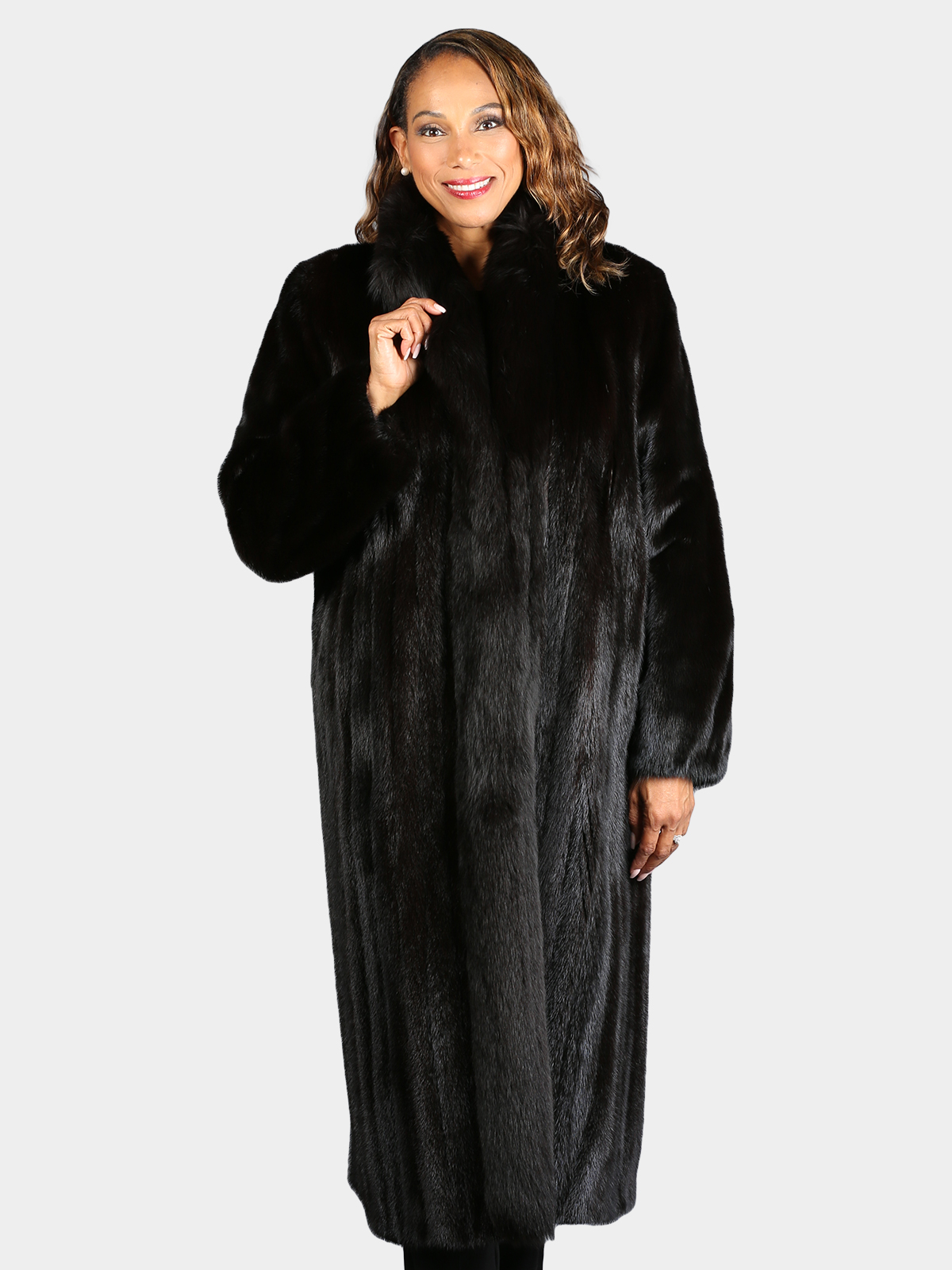 Woman's Natural Ranch Mink Coat with Black Fox Tuxedo Front