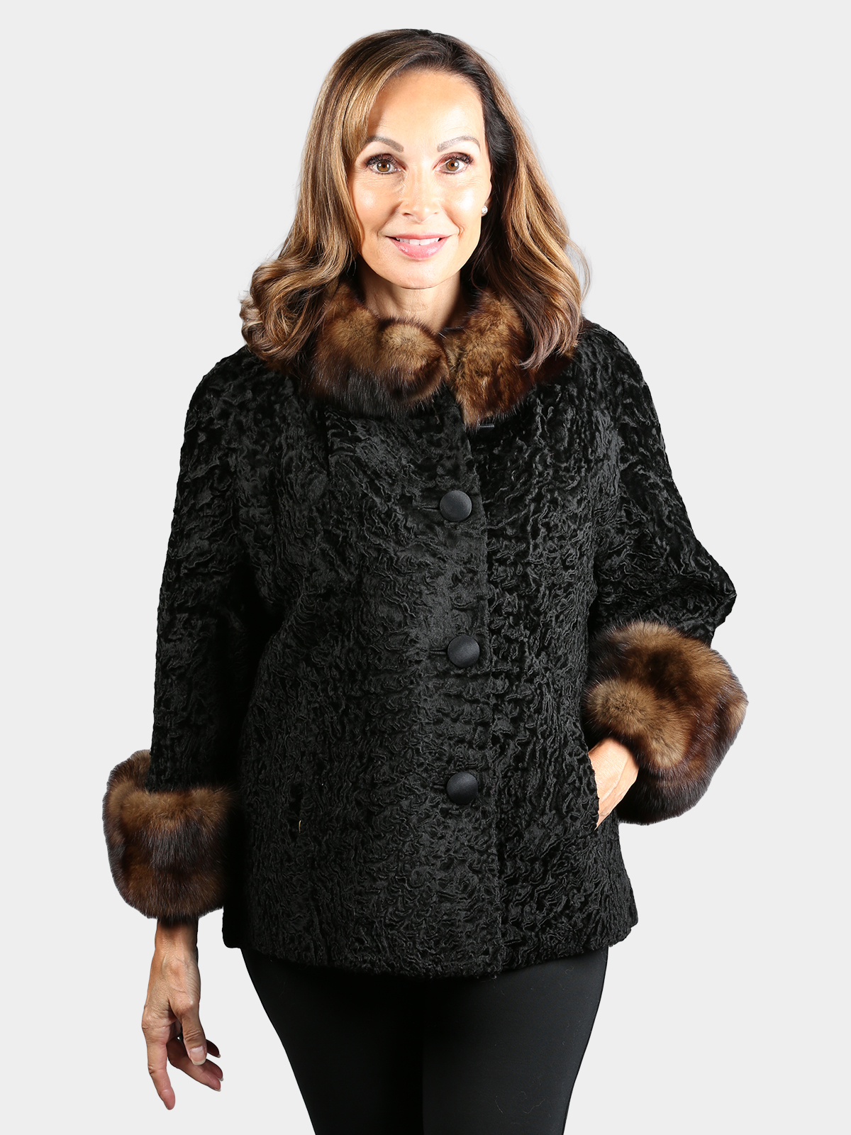Woman's Dyed Black Broadtail Lamb Jacket with Sable Fur Collar and Cuffs