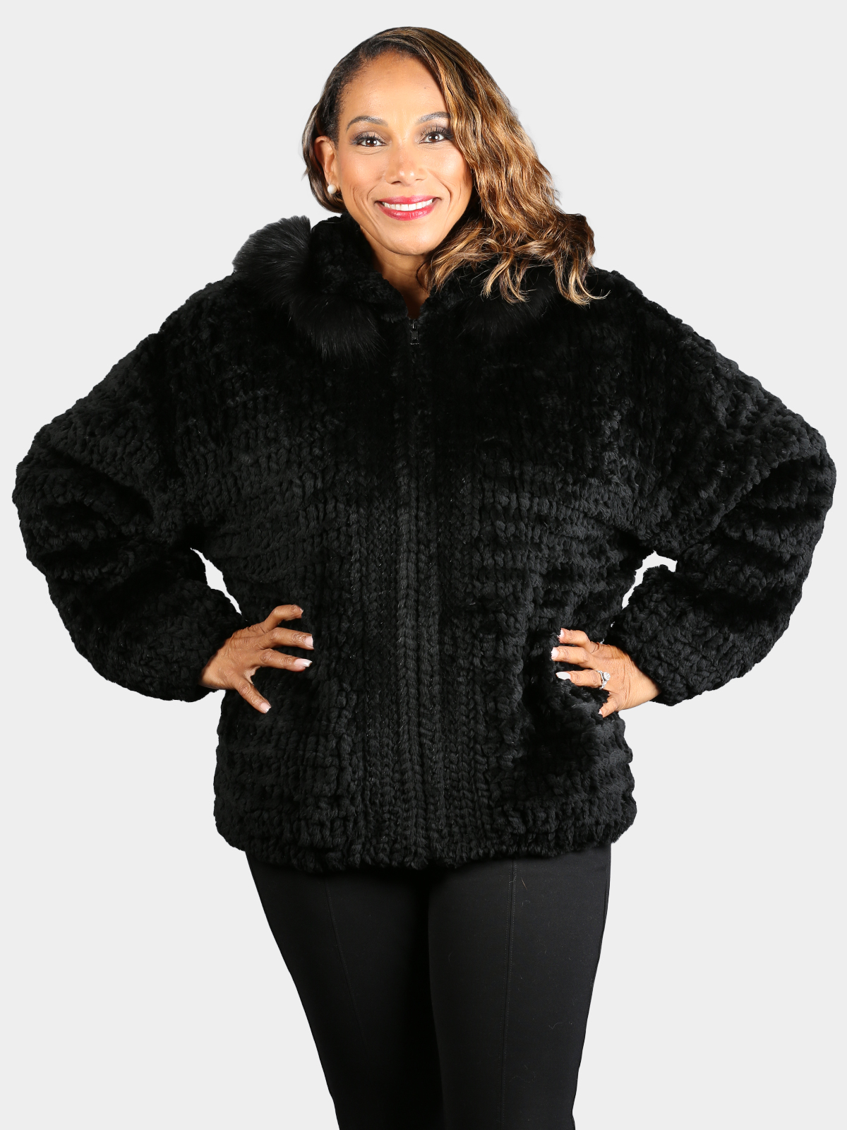 Woman's Dyed Black Knit Sheared Beaver Fur Jacket with Detachable Hood