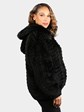 Woman's Dyed Black Knit Sheared Beaver Fur Jacket with Detachable Hood