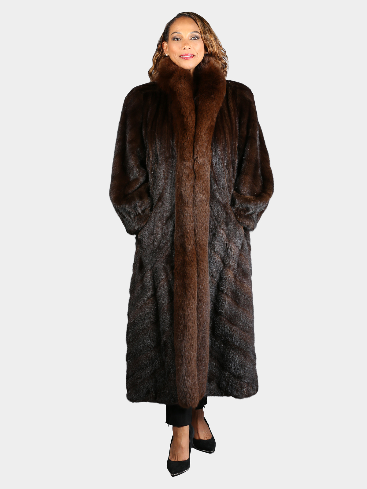 Woman's Plus Size Natural Mahogany Female Mink Fur Coat with Fox Tuxedo Front and Directional Design