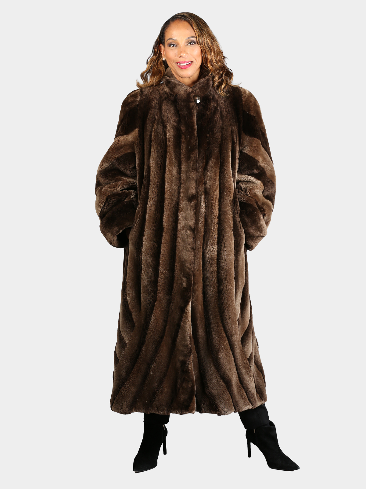 Woman's Natural Phantom Sheared Beaver Fur Coat with Directional Design