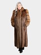 Woman's Dyed Brown Long Hair Beaver Fur Coat with Fox Sleeves and Tuxedo Front