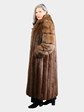 Woman's Dyed Brown Long Hair Beaver Fur Coat with Fox Sleeves and Tuxedo Front