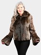 Woman's Natural Long Hair Beaver Fur Jacket with Sheared Beaver Trim