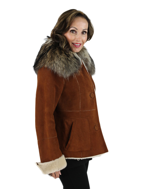 Suede Shearling Lamb Fur Jacket - Women's Small - Rust | Estate Furs