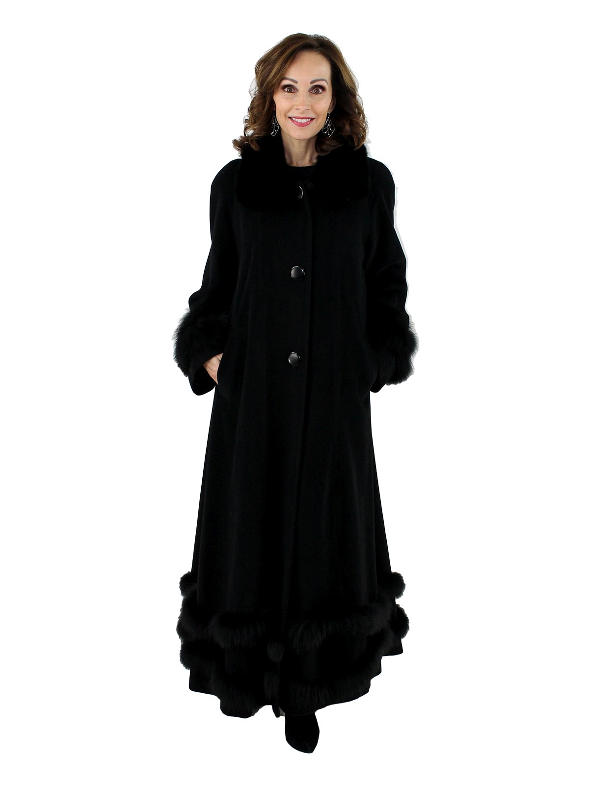 Black Wool Coat with Black Fox Fur Trim - Women's Wool Coat - Medium