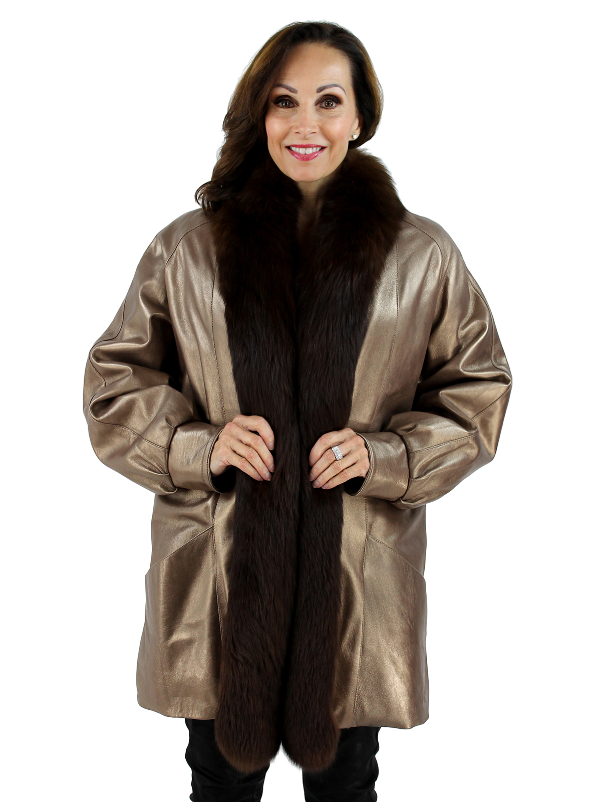 New Woman's Gold Leather Jacket with Fox Tuxedo Front