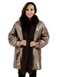 New Woman's Gold Leather Jacket with Fox Tuxedo Front