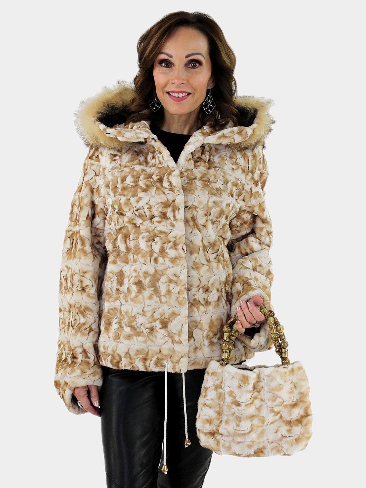 Hooded Golden Mink Fur Jacket with elastic on sleeves & waist