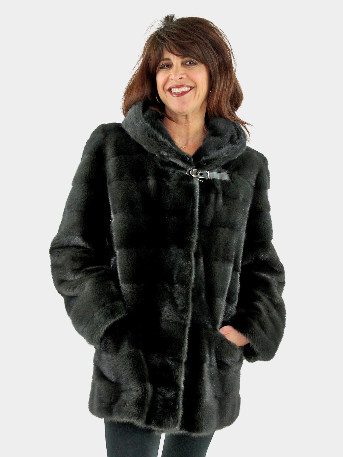 Woman's Rizal Slate Grey Mink Fur Parka with Double Fur Hood