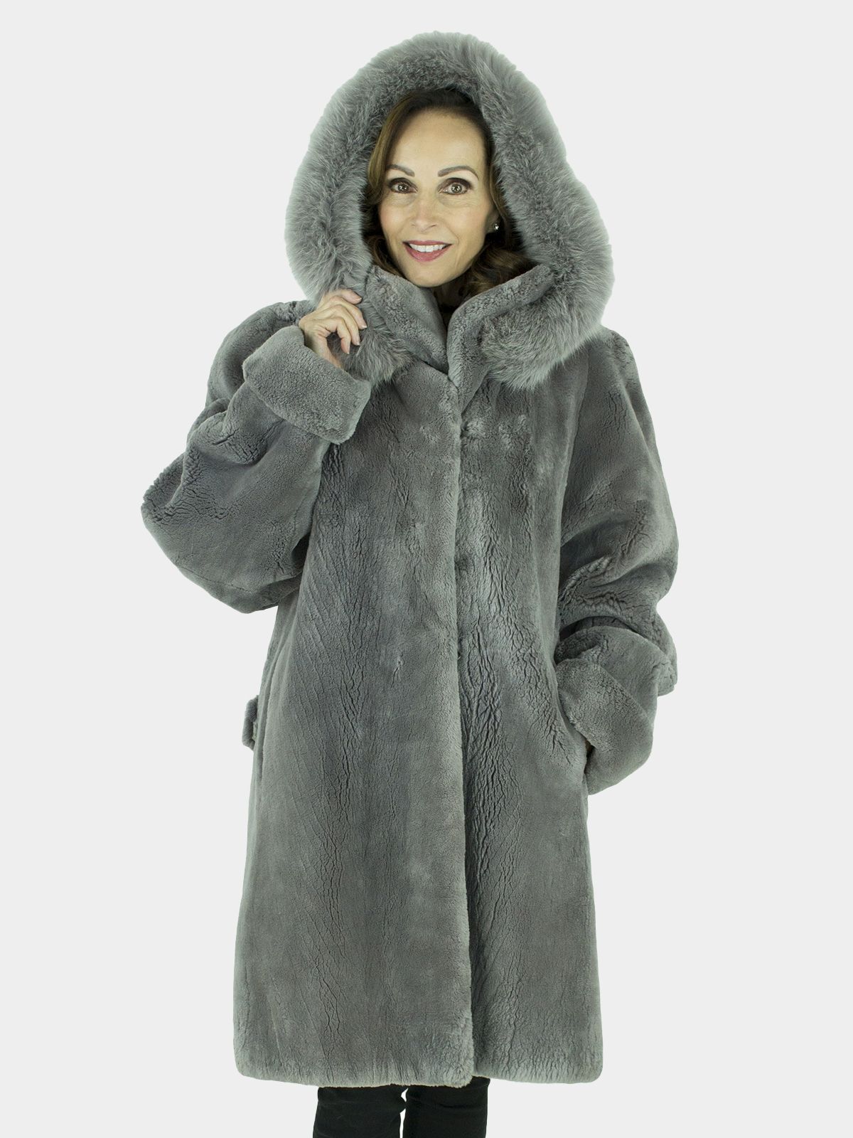 Grey Sheared Beaver Fur Stroller w Fox Trimmed Hood Estate Furs