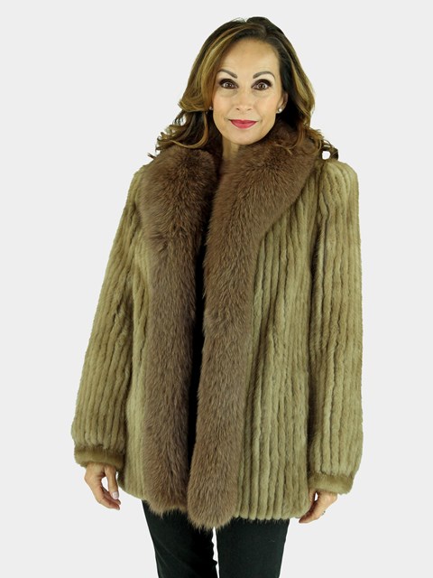Woman's Cord Cut Pastel Mink Fur Jacket with Fox Tuxedo Front