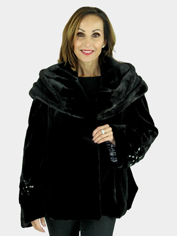 Woman's Black Sheared Mink Fur Jacket with Jeweled Accents