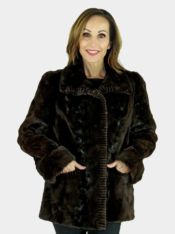 Woman's Semi-Sheared Sculptured Brown Mink Fur Jacket