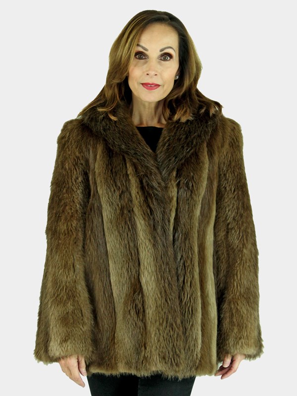 Woman's Medium Tone Long Hair Beaver Fur Jacket