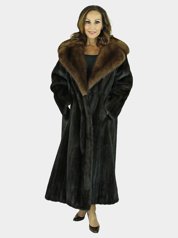 Woman's Dark Mahogany Female Mink Fur Coat with Sable Collar