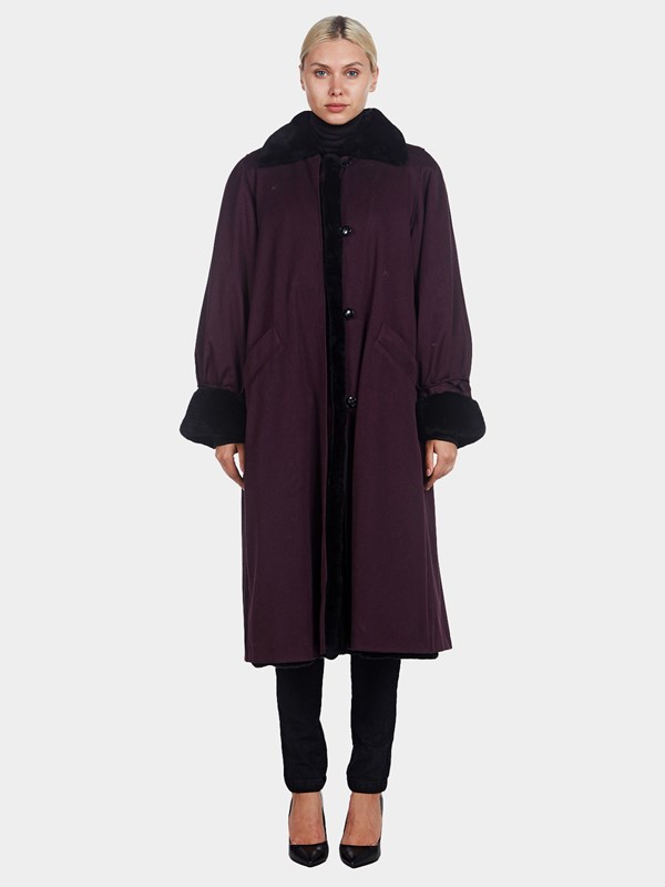 Woman's Reversible Burgundy Fabric with Sheared Nutria Coat