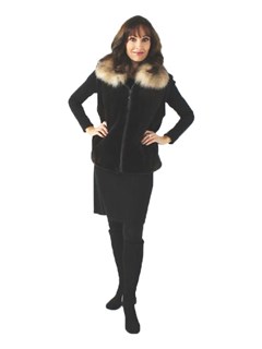 Dark Chocolate Brown Sheared Beaver Fur Vest with Crystal Fox Collar