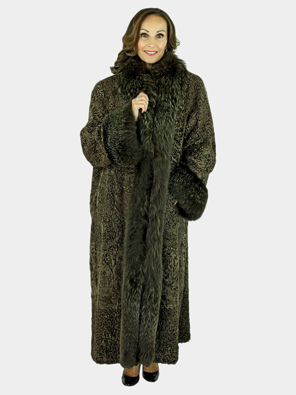 Woman's Brown Plus Size Persian Lamb Fur Coat with Fox Tuxedo Front and Cuffs