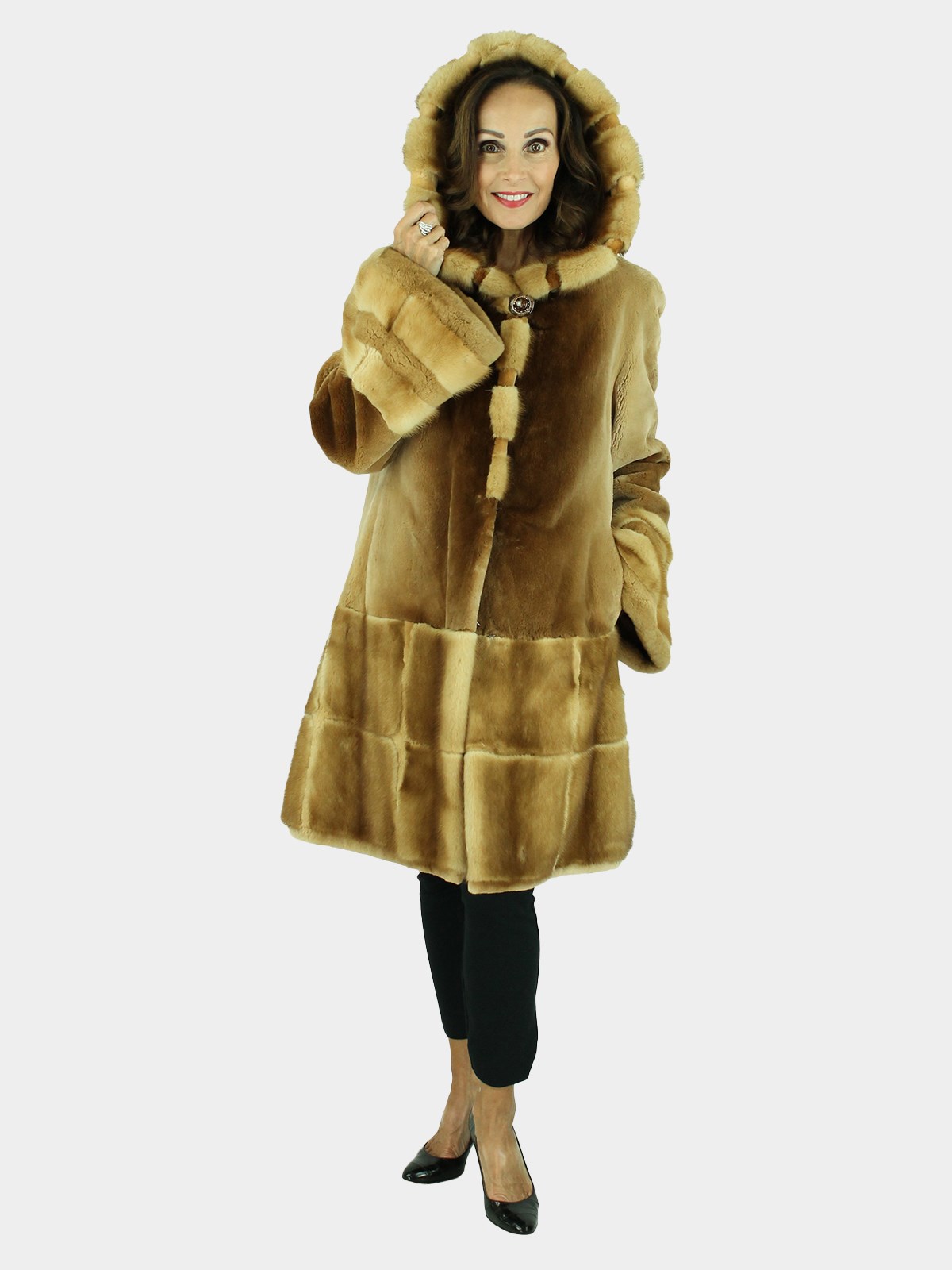 Woman's Whiskey Sheared Mink Fur Parka with Traditional Mink Trim