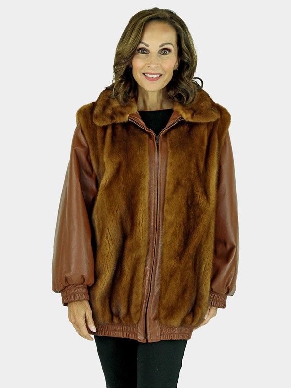 Woman's Whiskey Mink Fur Jacket with Zip Out Leather Sleeves