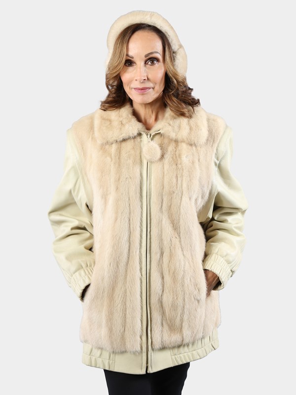 Woman's Tourmaline Mink Fur Jacket with Zip Out Leather Sleeves Includes Mink Earmuffs