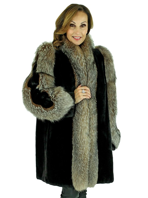 Black Sheared Beaver Fur Jacket with Detachable Fox Trimmed Hood ...