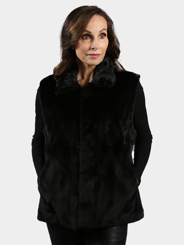 Woman's Black Sheared Mink Fur Vest Reversing to Black Leather