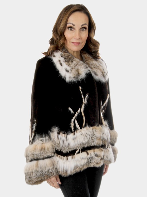 Woman's Jean Crisan Brown Sheared Beaver Fur Jacket with Cat Lynx Trim