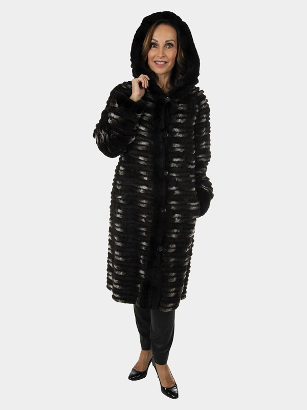 Woman's Black Grey and White Rex Rabbit 3/4 Coat with Hood Reversible to Rain Fabric