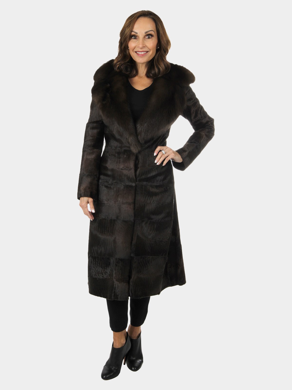 Woman's Dennis Basso Brown Broadtail Lamb Fur Coat with Sable Collar